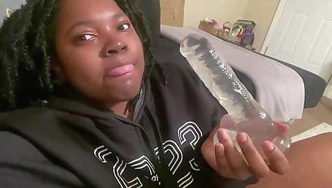 Ebony teen 18+ enjoys her pussy getting banged by a dildo