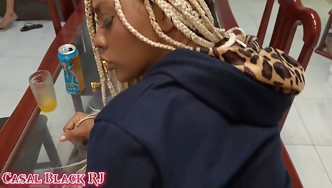 Blonde ebony beauty with a hot body is in front of her black boyfriend