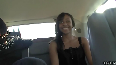 Hot ebony amateur in a red dress in a car with a black cock