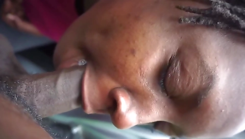 Ebony girl with big natural boobs gets deepthroat stuffed