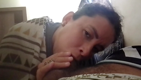 Ebony brunette with hairy pussy sucks and rubs dick