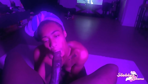 Ebony girl with a hot body is playing with a big cock