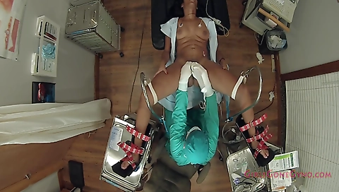 Ebony babe gets banged in the gym while spread eagle in stirrups