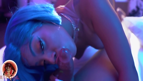 Ebony brunette with a tattoo gets it deep throat and shaved