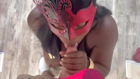 Ebony amateur brunette sucks big cock and gets deepthroat