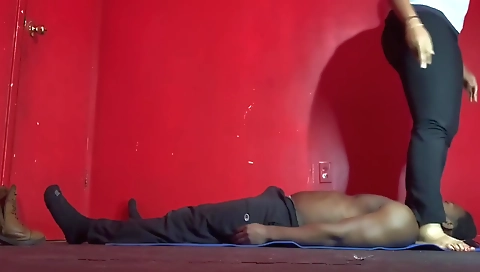 Busty ebony chick in sexy dress fucks in her pussy