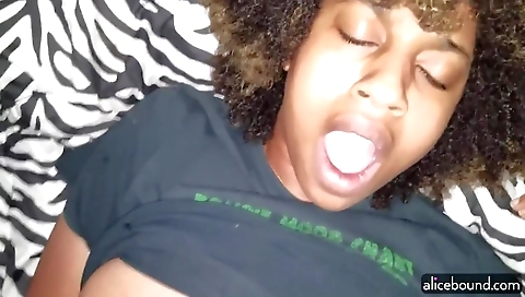 Ebony teen with big tits and hairy pussy gets creampie