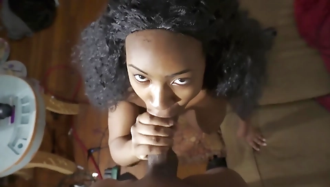 Brunette girl sucking big black cock and gets facial