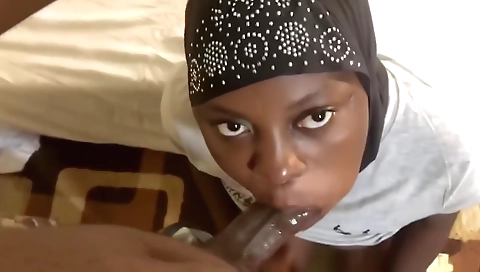 Ebony big booty babe gives blowjob and swallows cum