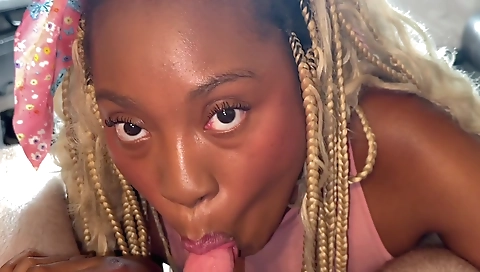 A blonde ebony girl is fucking two men in a threesome